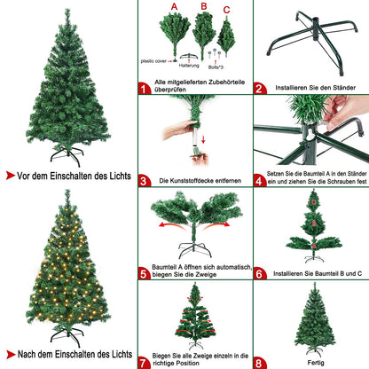 Artificial Christmas tree with lighting 180 warm white LEDs including metal stand 367 tips, PVC Christmas tree for Christmas decoration reusable (150cm, Green PVC+LED)