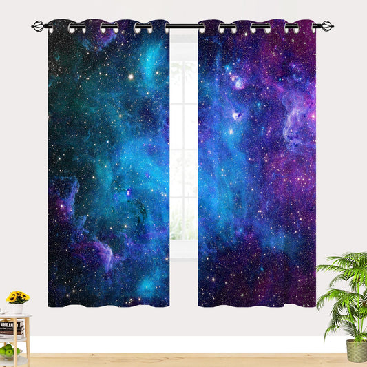 YUANZU Galaxy Curtains Kids Star Nebula Planet Eyelet Curtains with Blackout Thermal Curtains Cold Protection Blackout Curtain Children's Room Bedroom Darkening Window, 2 pieces, H 114 x W 132 cm