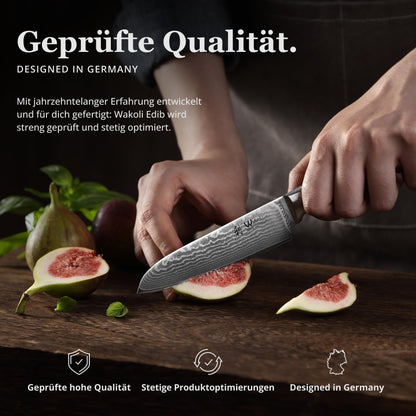 Wakoli EDIB Santoku knife 12cm - Small kitchen knife - VG10 core & 67 layers of damascus steel - Sharp damascus knife for vegetables & fruits - Pakkawood handle - Chef's knife - Gift box - Addition to knife set
