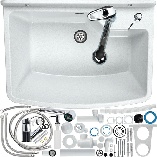 GOSPO Sink basin with pull-out faucet, washbasin 61 x 44 x 23.5 cm, utility sink with soap dispenser, siphon, sink including accessories, utility room, industrial washbasin (white)
