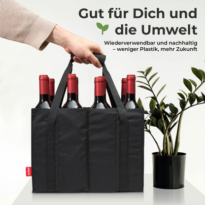 Achilles bottle holder with 12 compartments for 1.5 liters each. Tear-resistant bottle carrier with Velcro fastening. Foldable with dividers for water bottles, wine, and beer. Black.