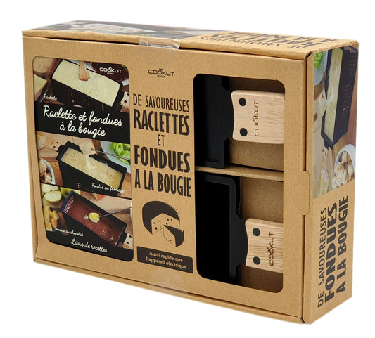 COOKUT - Lumi gift set - Raclette and cheese fondue with candle - Raclette in 3 minutes, prepare fondue in 5 minutes - Raclette night, cheese fondue, picnic - wooden spatula - black