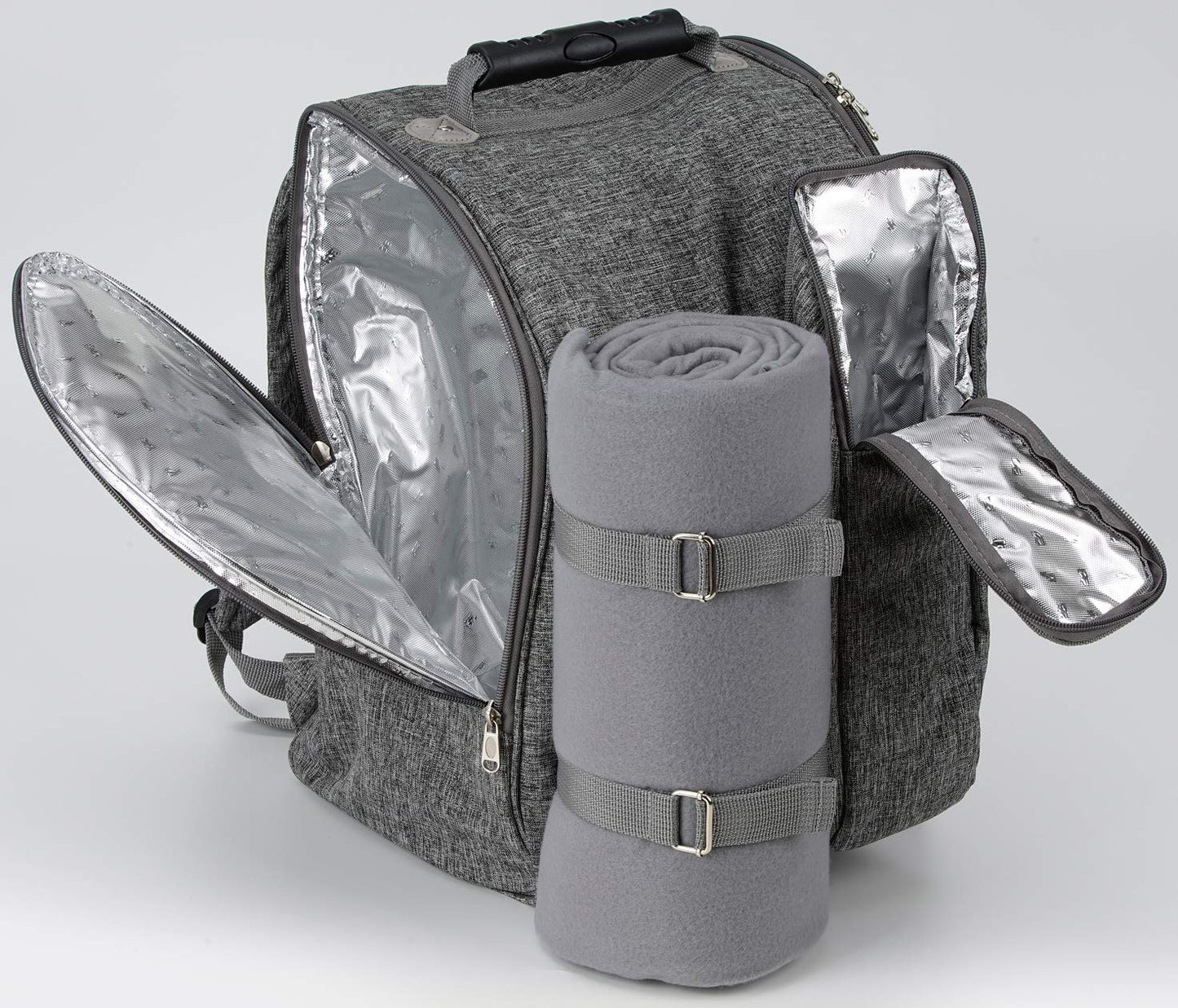 BRUBAKER picnic backpack for 2 people in grey, 28 × 40 × 22 cm - with cooler compartment, insulated bottle holder, and fleece blanket with waterproof bottom.