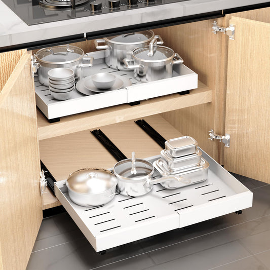 WISD Telescopic Drawer - Pull-Out Cabinet Organizer With 3 Rails - No Drilling - Adjustable Width (32-48cm) - Cabinet Drawers Pull-Out for Kitchen, Pantry, Bathroom (White, 2 Pieces)