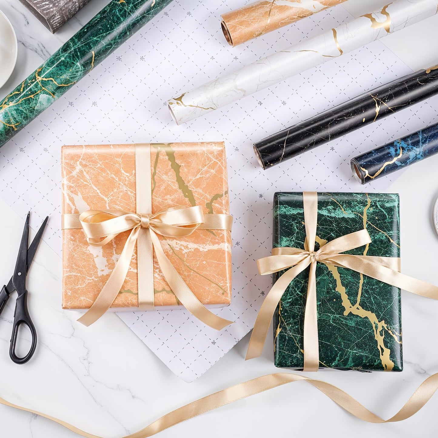 Woric 5-Roll Gift Wrap Set, 43cm x 3m Marble Gift Wrapping Paper Birthday Gift Wrap Roll with Gold Ribbon for Birthday Wedding Baby Shower (5 Designs)
