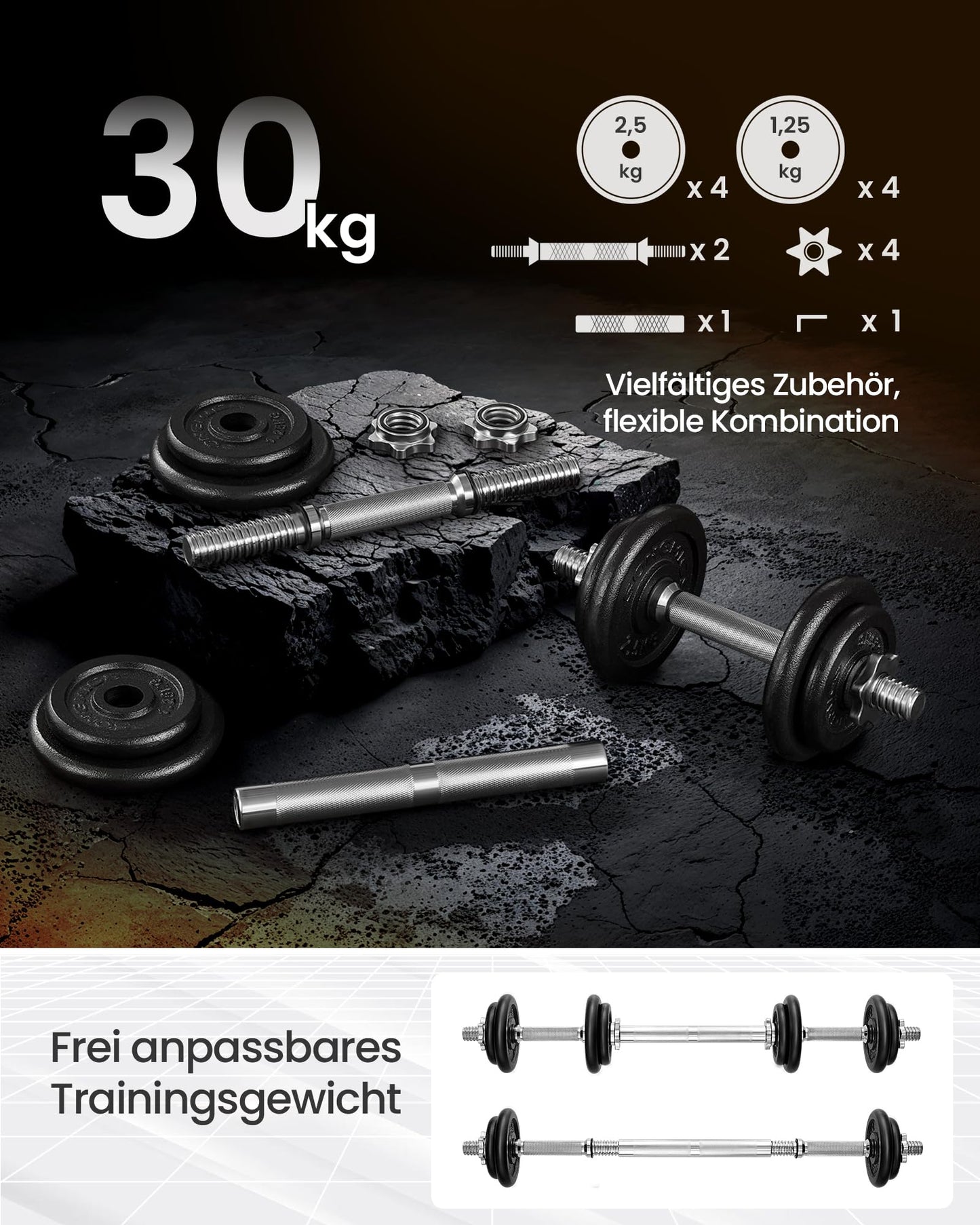 SONGMICS 2-in-1 Dumbbells, 2 x 10 kg dumbbell set made of cast iron, adjustable, dumbbell set with connecting rod, workout, weightlifting for home, gym, ink black SYL20LBKV1