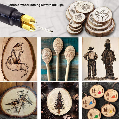 TEKCHIC wood burning kit, TEKCHIC 60W wood burning pen set with two wood burning pens, 20 wire tips, temperature adjustable wood burning tool for carving in black, 3-pin UK adapter.