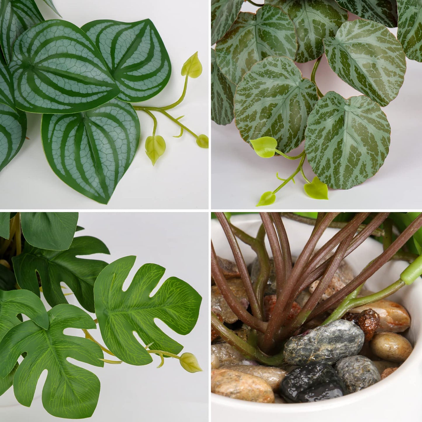 3-piece artificial hanging plant set in ceramic pots. Mini Monstera and Philodendron plants for modern decoration in home, office, bathroom, kitchen, and interior design.