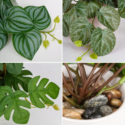 3-piece artificial hanging plant set in ceramic pots. Mini Monstera and Philodendron plants for modern decoration in home, office, bathroom, kitchen, and interior design.