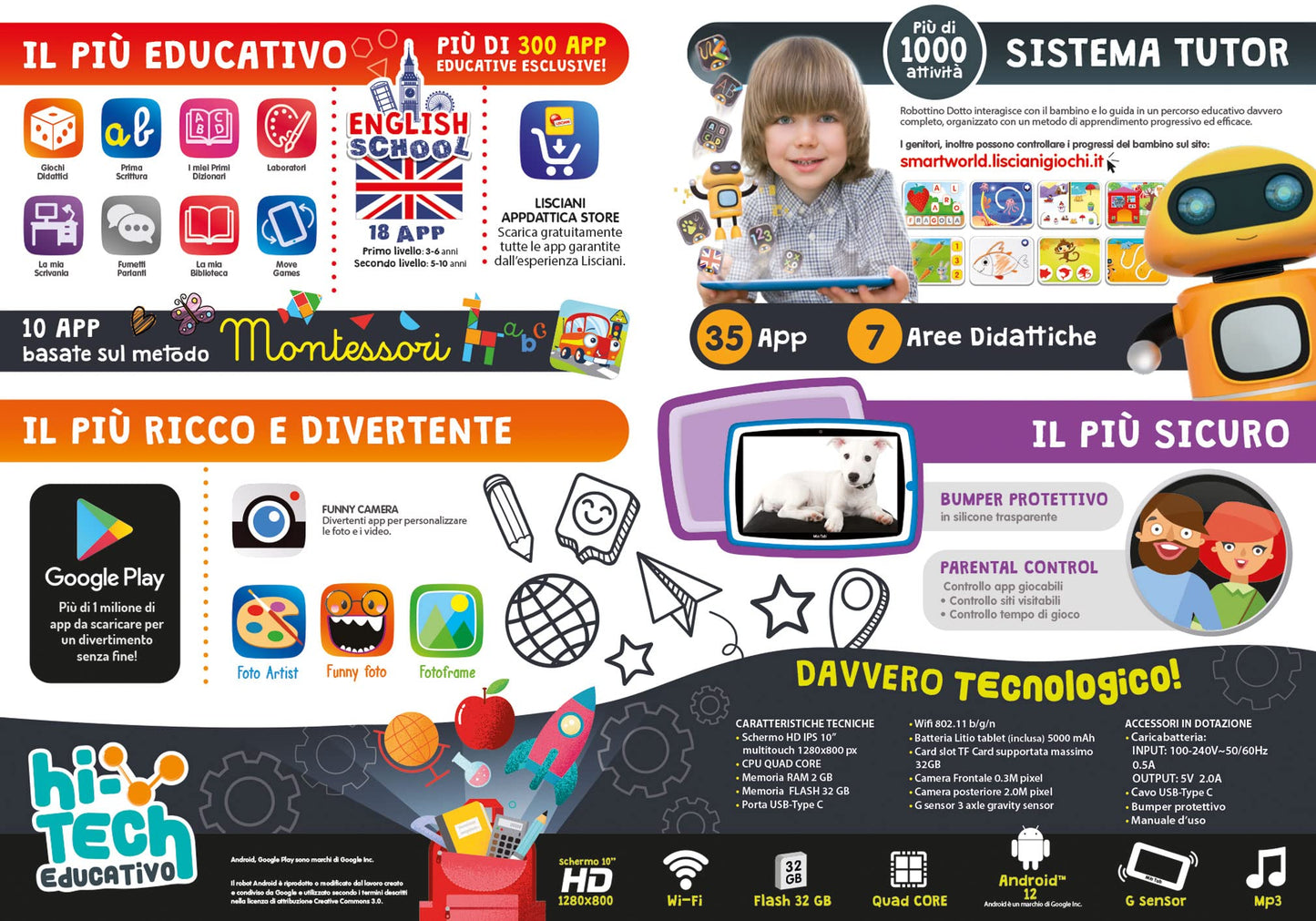 Lisciani Games LISCIANI-My Tab 10 Inch Tutor XL 2022, Kids 3-6 Years, Autonomous, Sensory Skills, Hand-Eye Coordination, Multicolor, 97043