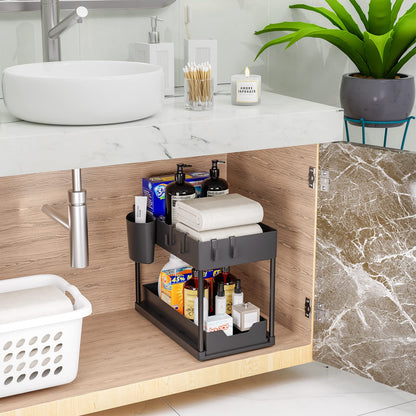 Puricon under sink shelf cabinet organizer, 2-tier countertop kitchen rack organizer, multifunctional spice rack under cabinet shelf sink rack - Black