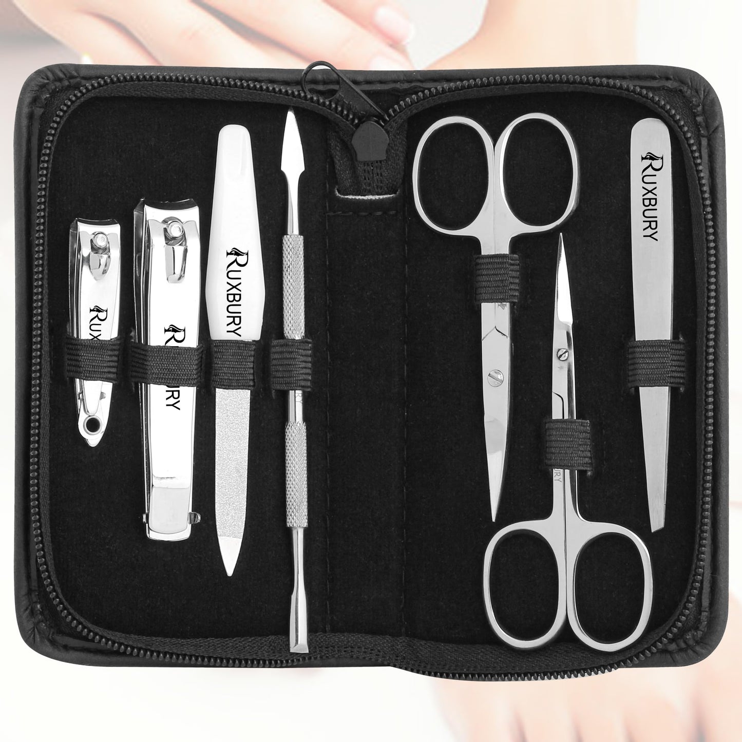 Ruxbury 7-piece manicure pedicure set Stainless steel nail scissors set for women and men nail set packed with leather case