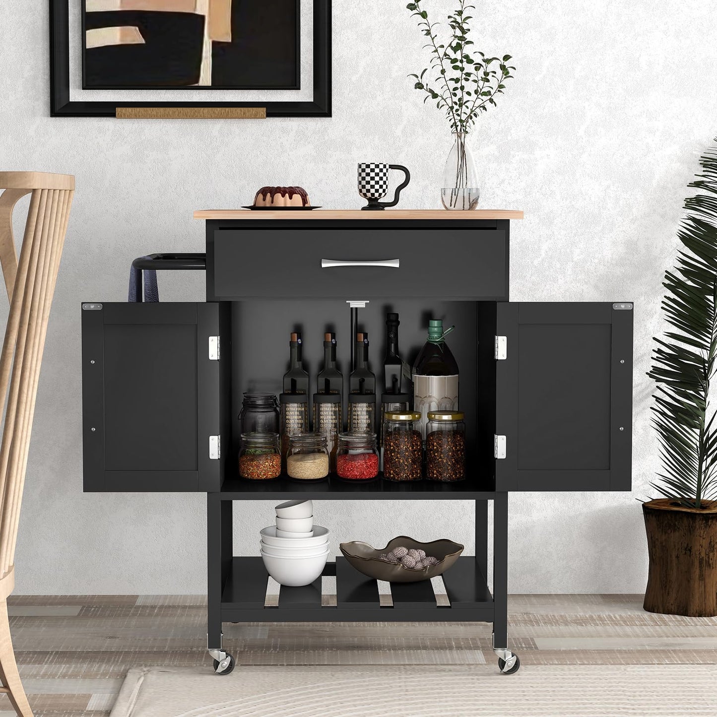COSTWAY Kitchen Cart with Countertop, Serving Cart with Wheels, Rolling Cart with Drawer & 2-door Cabinet & Bottom Tray & Towel Holder, Kitchen Island for Kitchen, Dining Room, and Bar (Black)