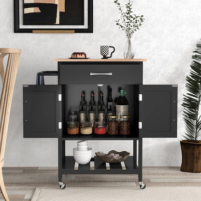 COSTWAY Kitchen Cart with Countertop, Serving Cart with Wheels, Rolling Cart with Drawer & 2-door Cabinet & Bottom Tray & Towel Holder, Kitchen Island for Kitchen, Dining Room, and Bar (Black)