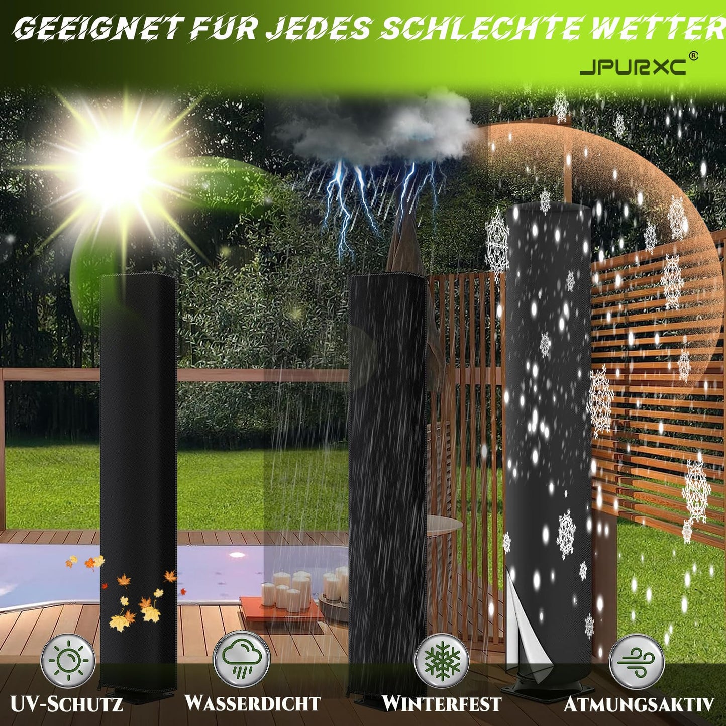 Tinsel covers for outdoor showers, heavy-duty 600D Oxford cover for solar shower with UV and PU coating and high tear resistance, with drawstring and storage bags (220x67cm)