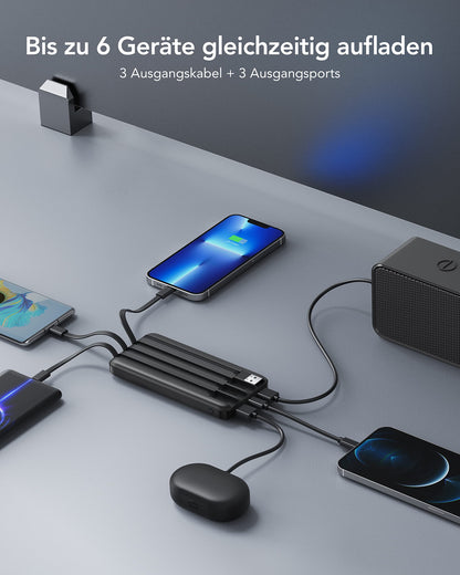 Charmast Powerbank 10000mAh External Battery USB C Power Bank with 4 Built-in Charging Cables Portable Charger LED Display Compact Slim 6 Outputs Compatible with iPhone, Huawei, Samsung Tablet