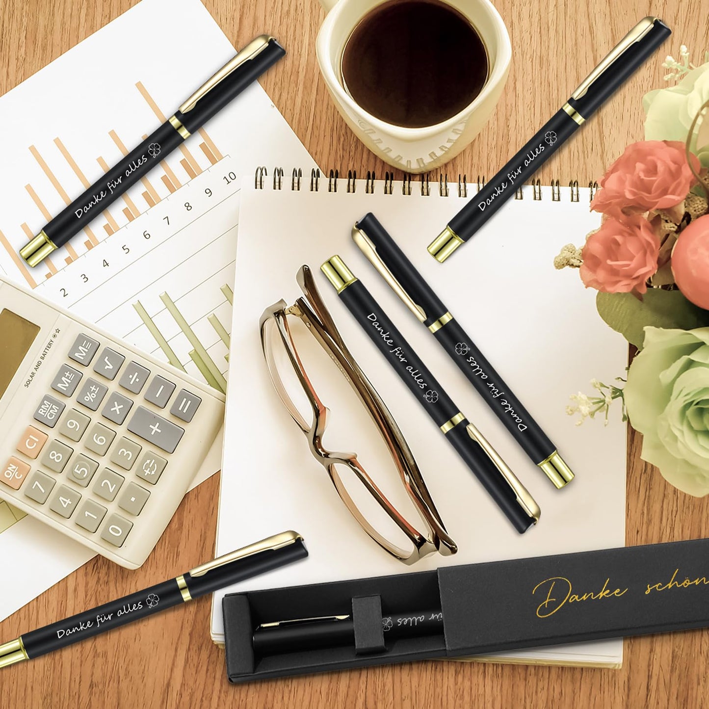 Ten pens as thank-you gifts for colleagues and teachers. Thank you for everything. Metal thank-you pens with gift boxes. Farewell gift for colleagues, students, employees, and team.