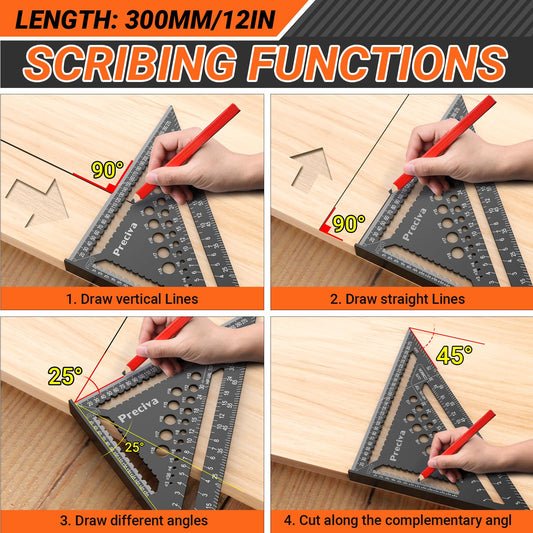 Bevel protractor, carpenter's square, multifunctional metal aluminum square ruler angle guide 30cm carpenter's square joiner's square 45 and 90 degree angles marking gauge.