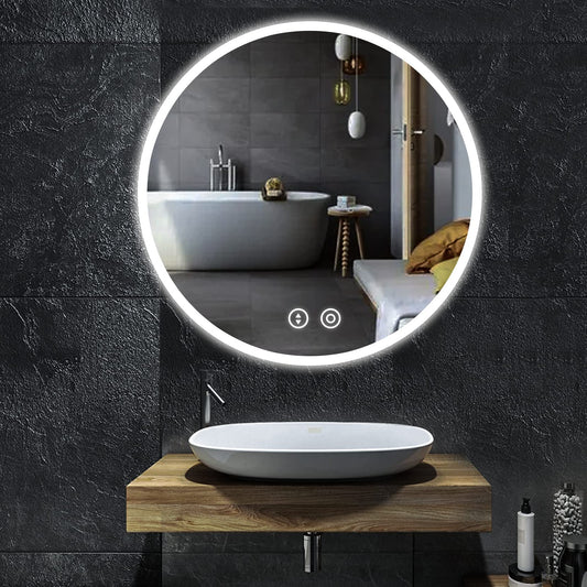 YOLEO Round Bathroom Mirror with Lighting, 60cm round mirror with lighting, bathroom mirror wall mirror with touch switch and explosion-proof glass, 3 color temperatures dimmable, 6500K