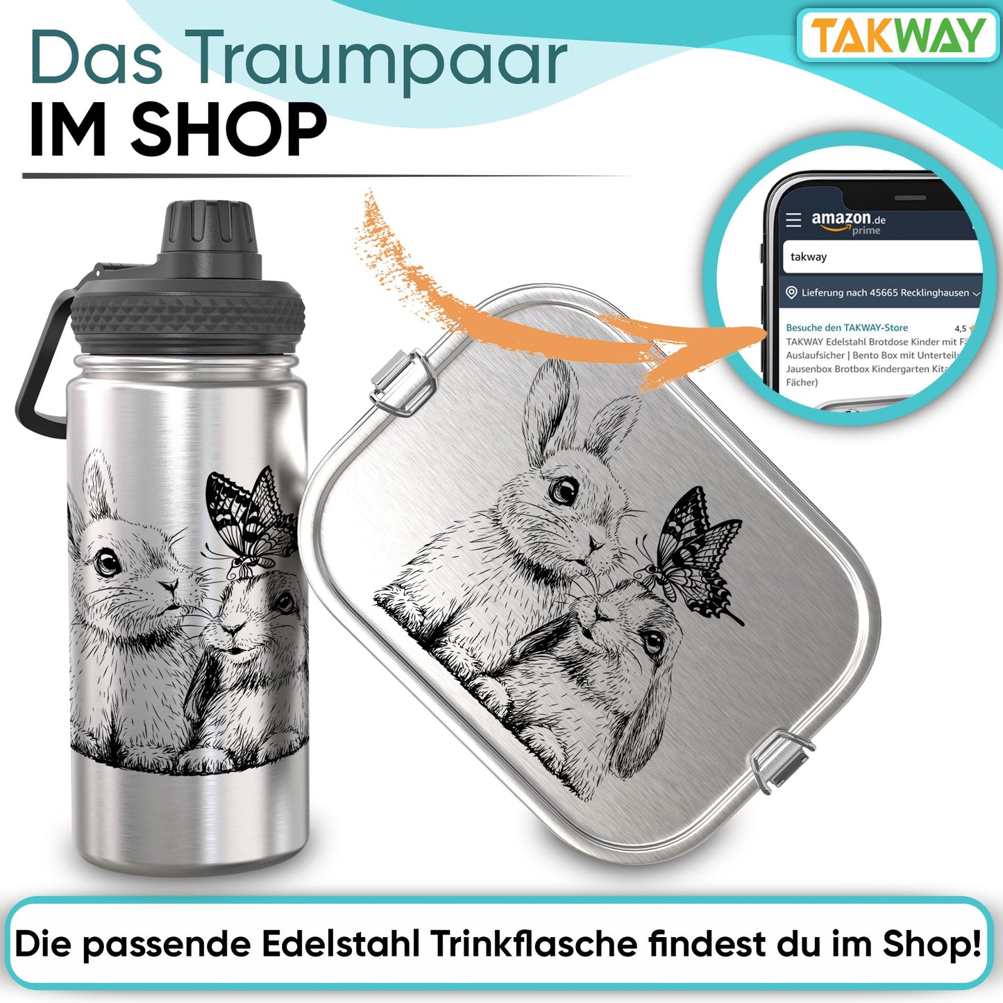 TAKWAY Stainless Steel Lunch Box for Kids with Compartments 800ml | Leak-proof | Bento Box with customizable divisions | Snack box for kindergarten, daycare, school (Bunny, divider)