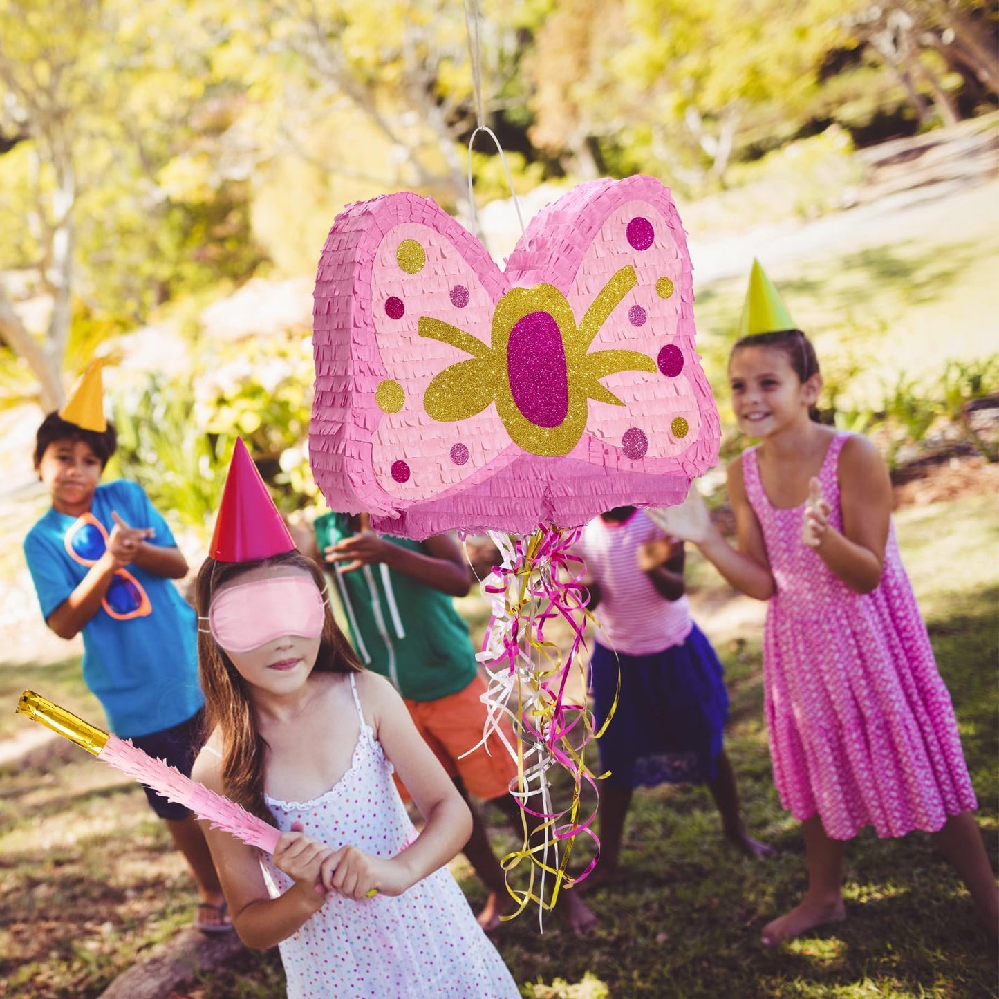 WERNNSAI Fly Piñata - Pink glitter fly piñata birthday party decor for girls kids piñata with stick and blindfold birthday party decor piñata with pull string accessories with princess theme