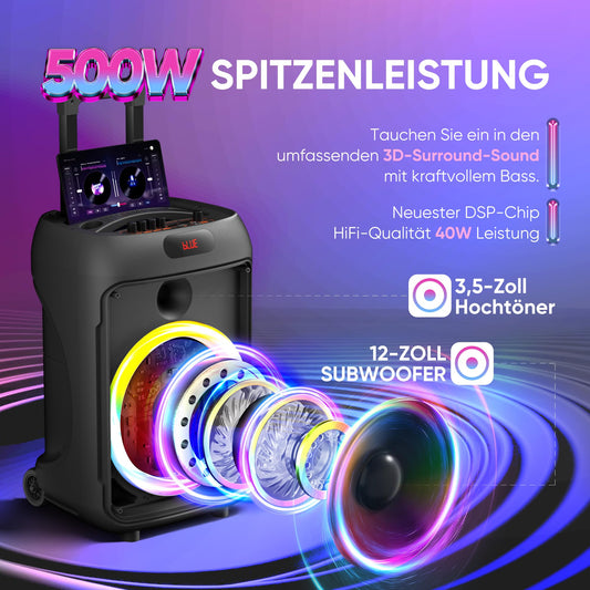 Karaoke machine with 2 wireless microphones, portable Bluetooth speaker, LED lights, PA system, supports recording/FM/AUX/USB/TF.