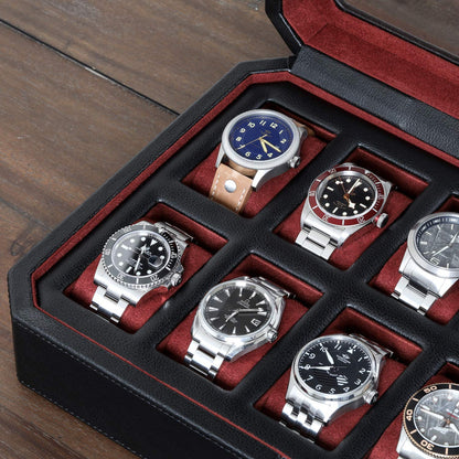 ROTHWELL 12 Slot Leather Watch Box - Luxury Watch Case Display Organizer, Men's Storage Boxes Holder Large Glass Top (Black/Red)