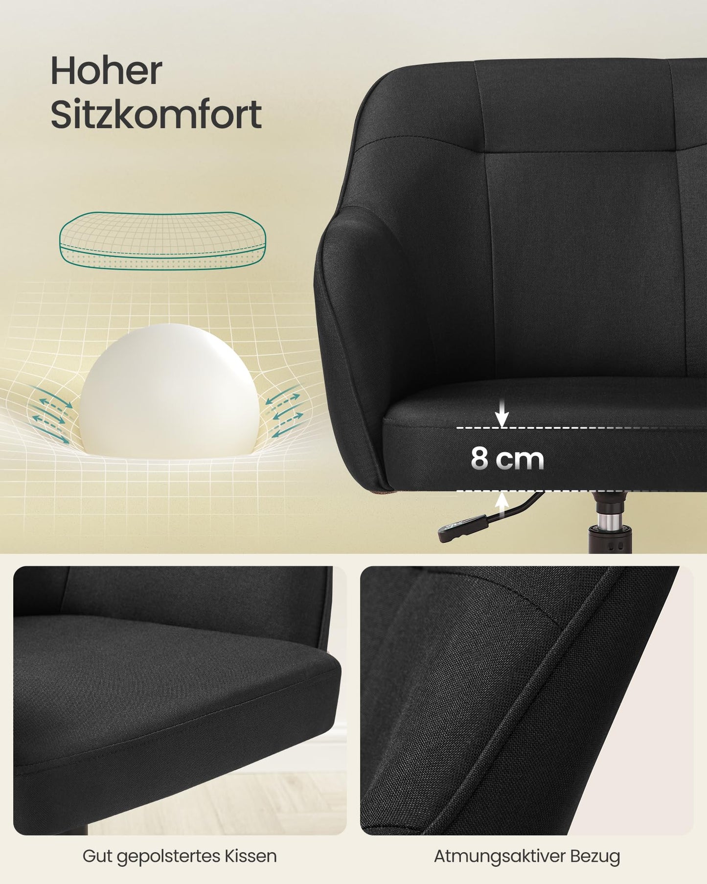 SONGMICS Home Office Chair, Swivel Desk Chair, Height Adjustable, Supports up to 110 kg, Breathable Fabric, for Home Office, Bedroom, Black OBG019B01