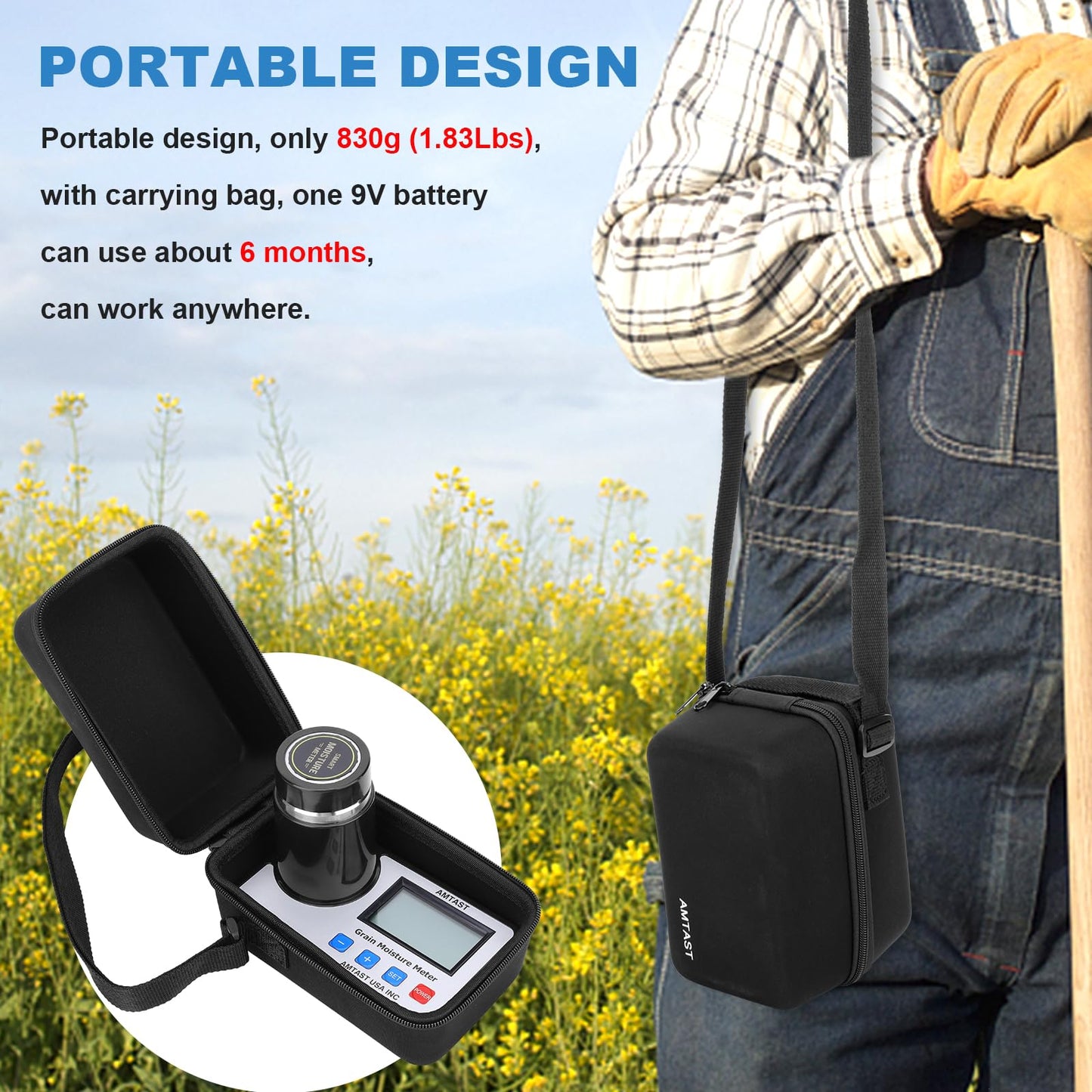 AMTAST Grain Moisture meters for 22 grains: wheat, corn, coffee, cocoa beans, flaxseed, soybeans, rice, almonds, peanuts, parchment coffee, sesame, sorghum, canola, barley.