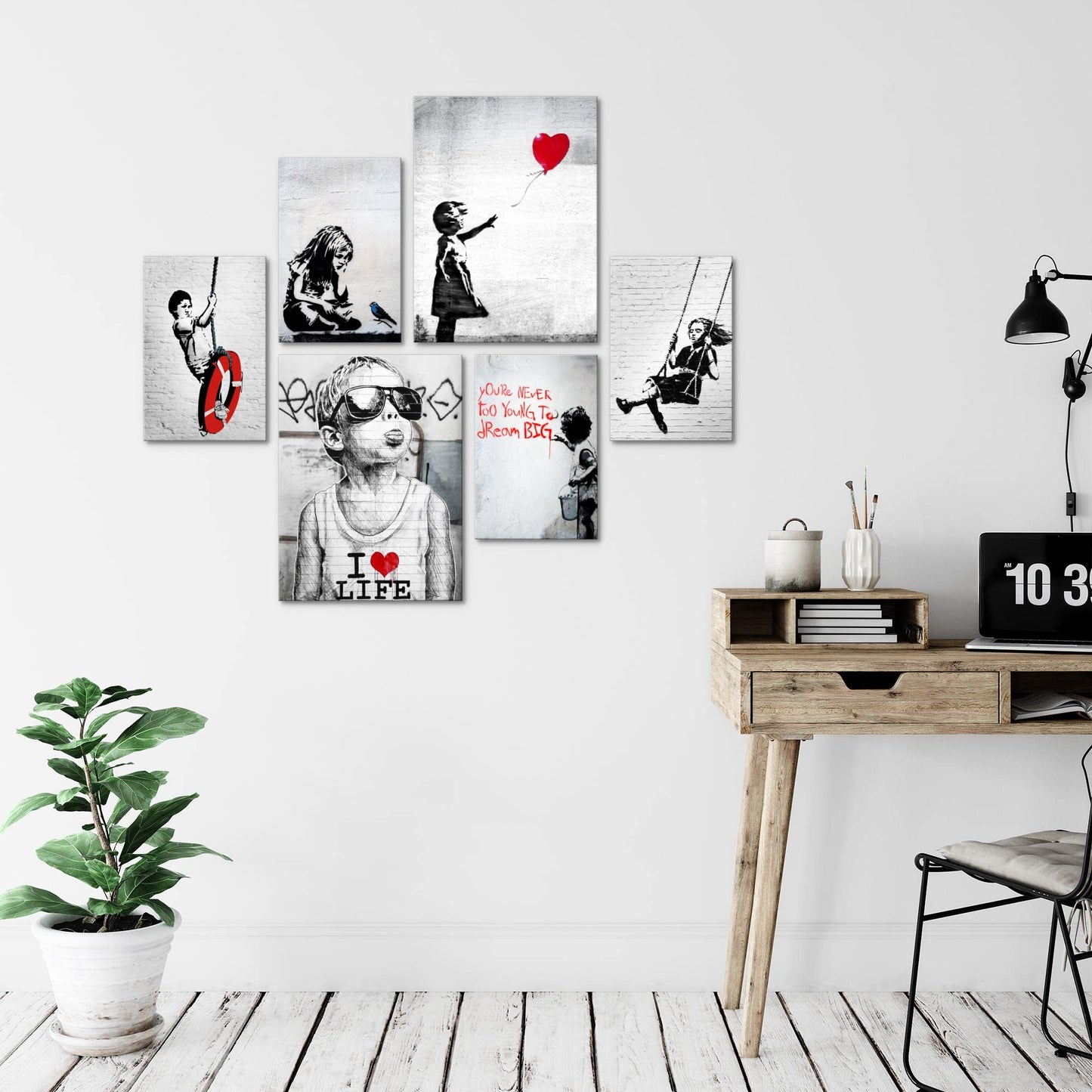 Novart Wall Art Set Banksy Collage Street Art Gray - NO EXTRA FRAME NEEDED - Modern Decor - Living Room Office Loft N003163a