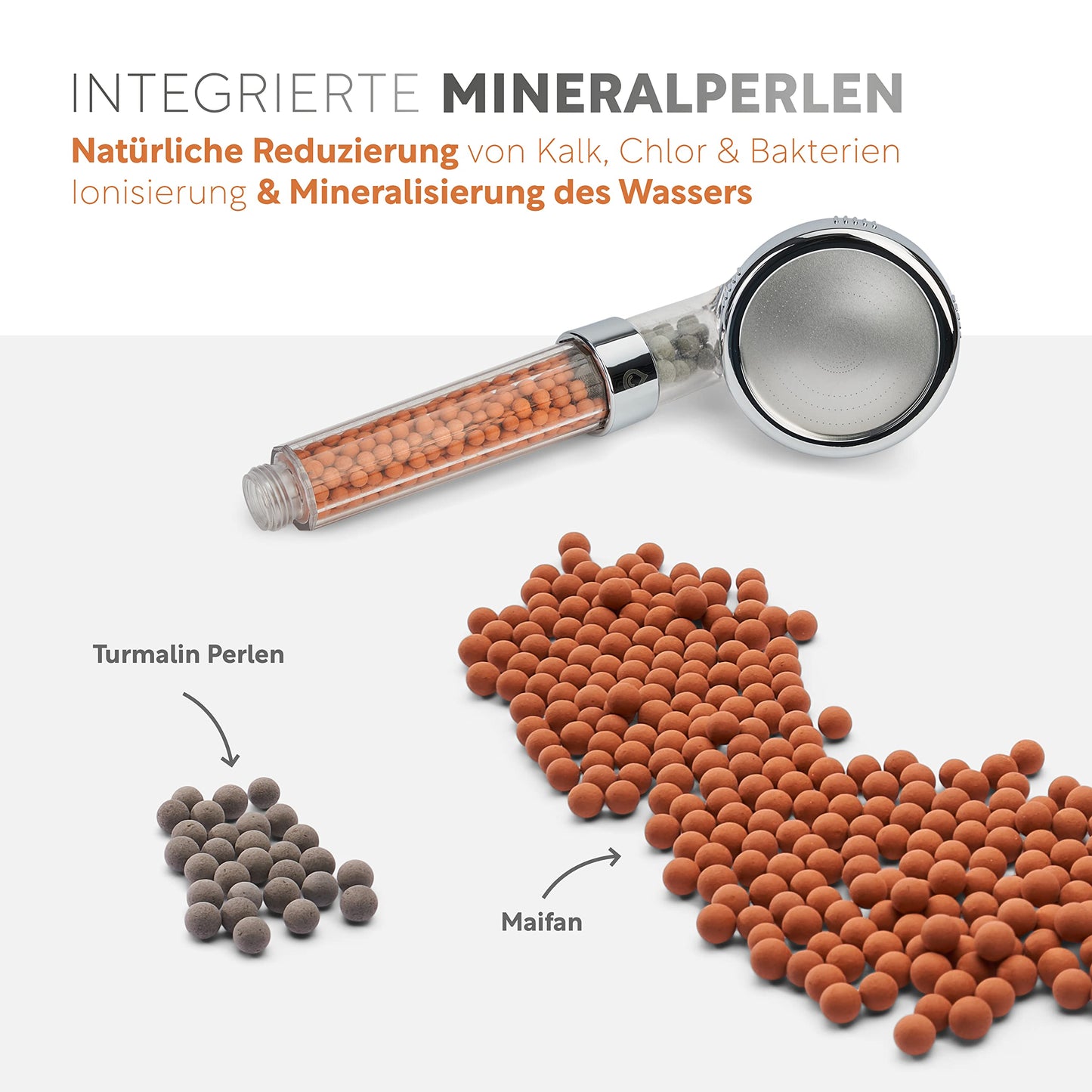 Premium shower head with mineral stones from happydrop - The water-saving handheld shower head with 3 spray modes.