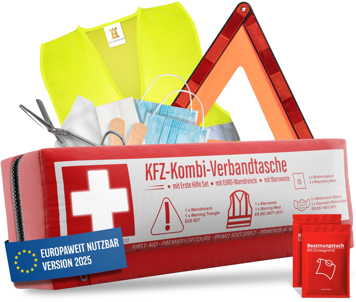 Automobile combination bag (3 in 1) according to current standard 2025 - Including warning triangle, reflective vest, and first aid kit. Warning triangle set FIRST AID KIT Auto DIN 13164:2022 (StVO compliant)