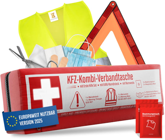 Automobile combination bag (3 in 1) according to current standard 2025 - Including warning triangle, reflective vest, and first aid kit. Warning triangle set FIRST AID KIT Auto DIN 13164:2022 (StVO compliant)