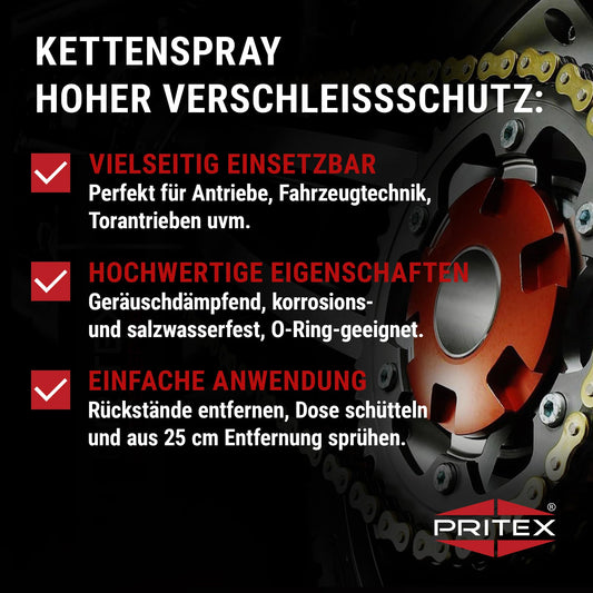 PRITEX - Chain spray 4 x 400 ml for motorcycles & bicycles - Chain grease provides high protection against friction, wear & corrosion - Lubricant spray with very good adhesion & lubrication performance - Chain oil