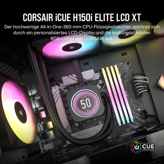 Corsair iCUE H150i Elite LCD XT Liquid CPU Cooler - IPS LCD Screen - Three AF120 RGB Fans - 360mm Radiator - Intel LGA 1700, AMD AM5 and more, includes iCUE Commander CORE, for desktop, Black.