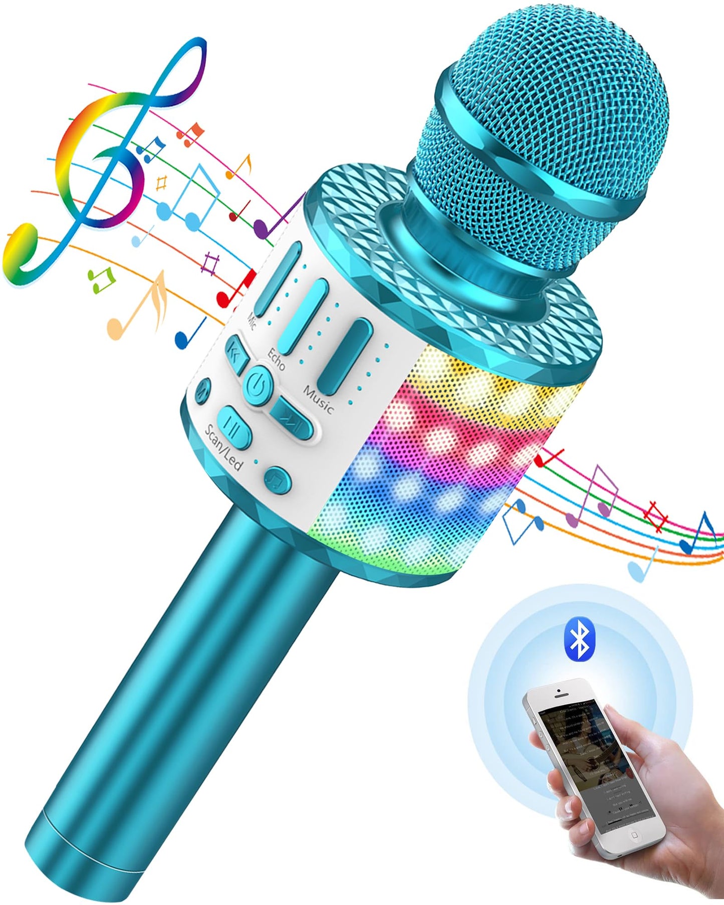 Karaoke microphone, Wireless Bluetooth kids microphone with LED lights, Portable children's karaoke machine, Handheld microphone with speaker recorder for Android/iOS/PC/Smartphone