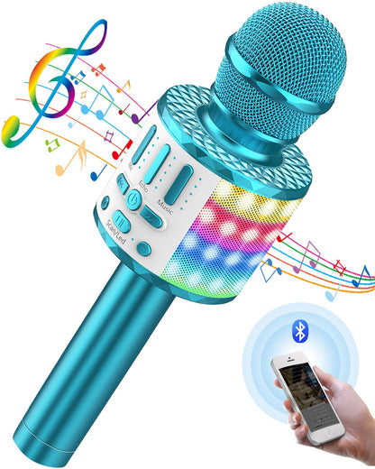 Karaoke microphone, Wireless Bluetooth kids microphone with LED lights, Portable children's karaoke machine, Handheld microphone with speaker recorder for Android/iOS/PC/Smartphone