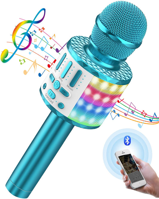 Karaoke microphone, Wireless Bluetooth kids microphone with LED lights, Portable children's karaoke machine, Handheld microphone with speaker recorder for Android/iOS/PC/Smartphone