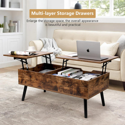 VOWNER Coffee Table, Adjustable Height Coffee Table, Extendable, Retractable Living Room Table, Separate Hidden Storage Compartment, Double Lift Top, Side End Table, Vintage Brown