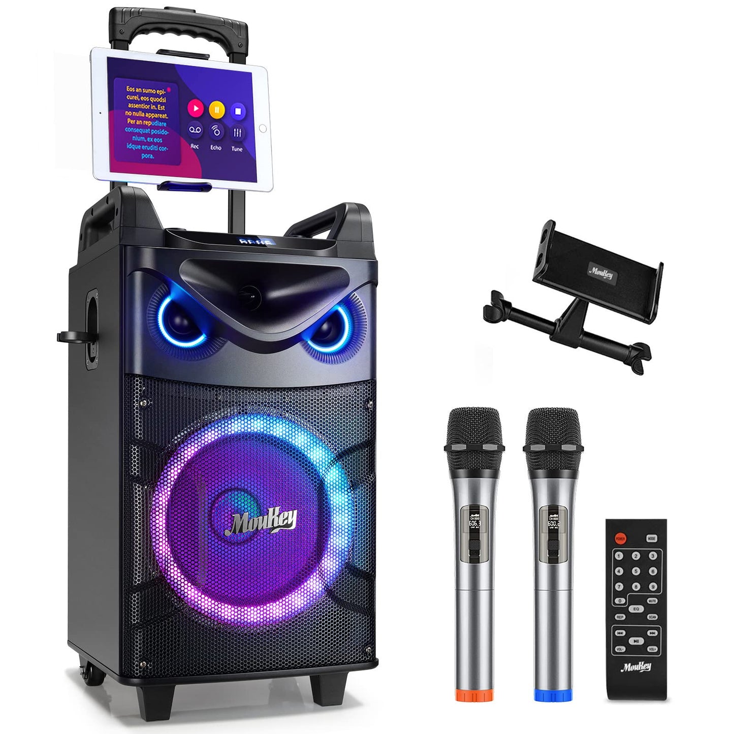 Moukey Karaoke Machine, Large karaoke system with 26cm woofer & 8cm tweeter & 2 microphones, Rechargeable Bluetooth speaker with light effect tablet holder TWS/Rec/AUX/USB/TF/FM for party.