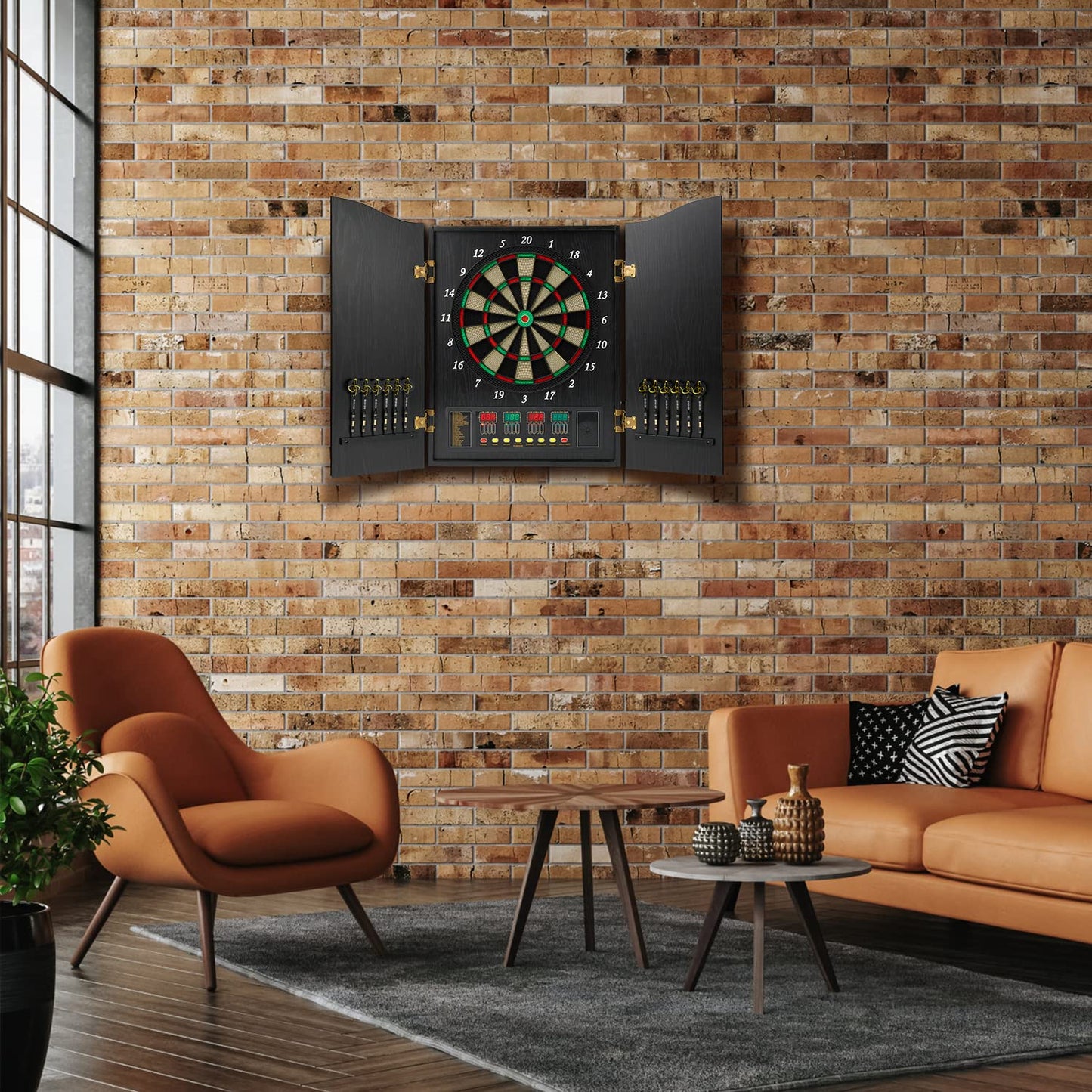 Brovamo dartboard, Decorative dartboard cabinet set [12*soft tip darts], Electronic dartboard, Wooden cabinet doors with integrated scoreboard [black]