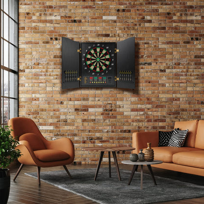 Brovamo dartboard, Decorative dartboard cabinet set [12*soft tip darts], Electronic dartboard, Wooden cabinet doors with integrated scoreboard [black]