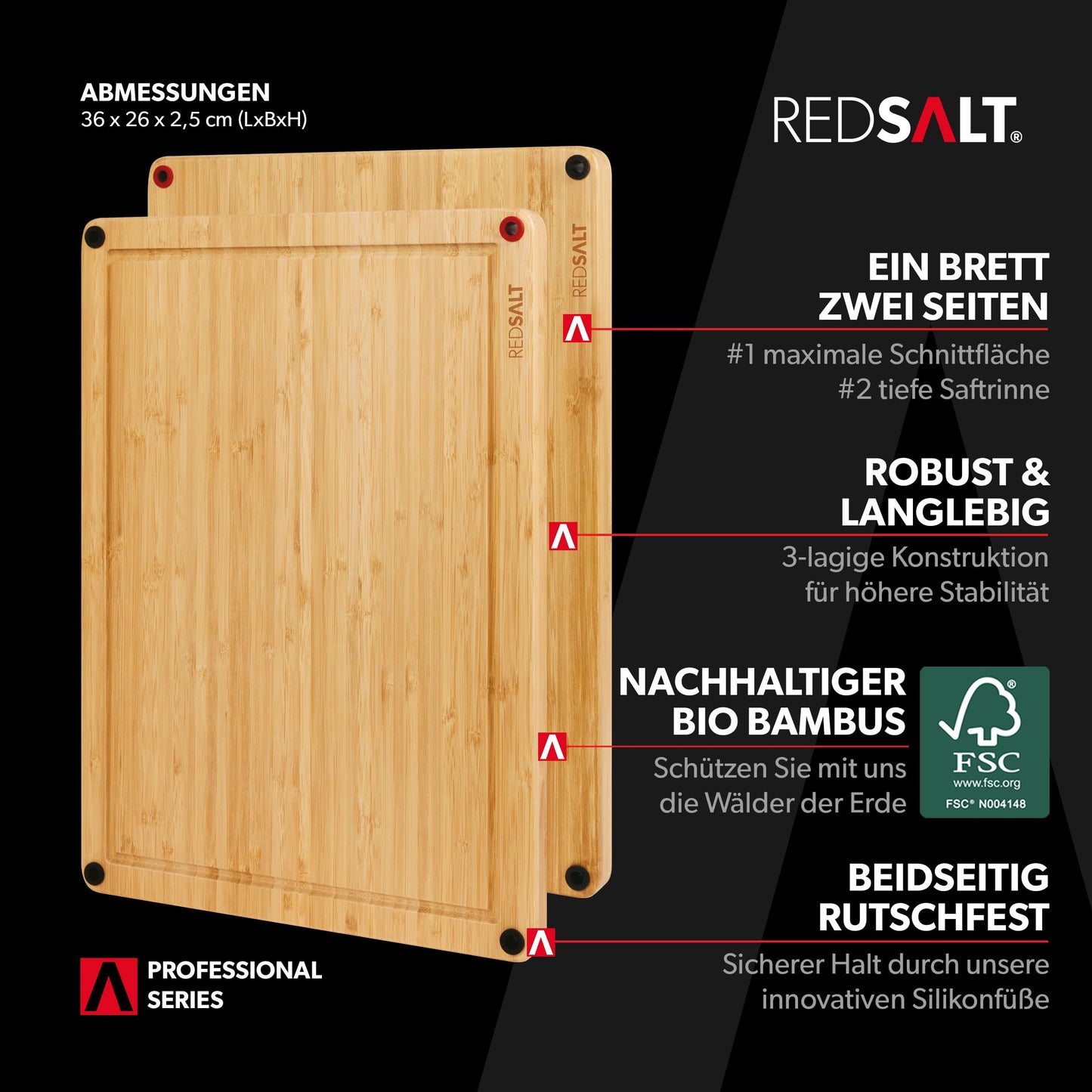 REDSALT® innovative organic bamboo cutting board non-slip M 36x26x2.5cm | Large wooden board can be used on both sides with deep juice groove | FSC certified premium cutting board kitchen gift sustainable.
