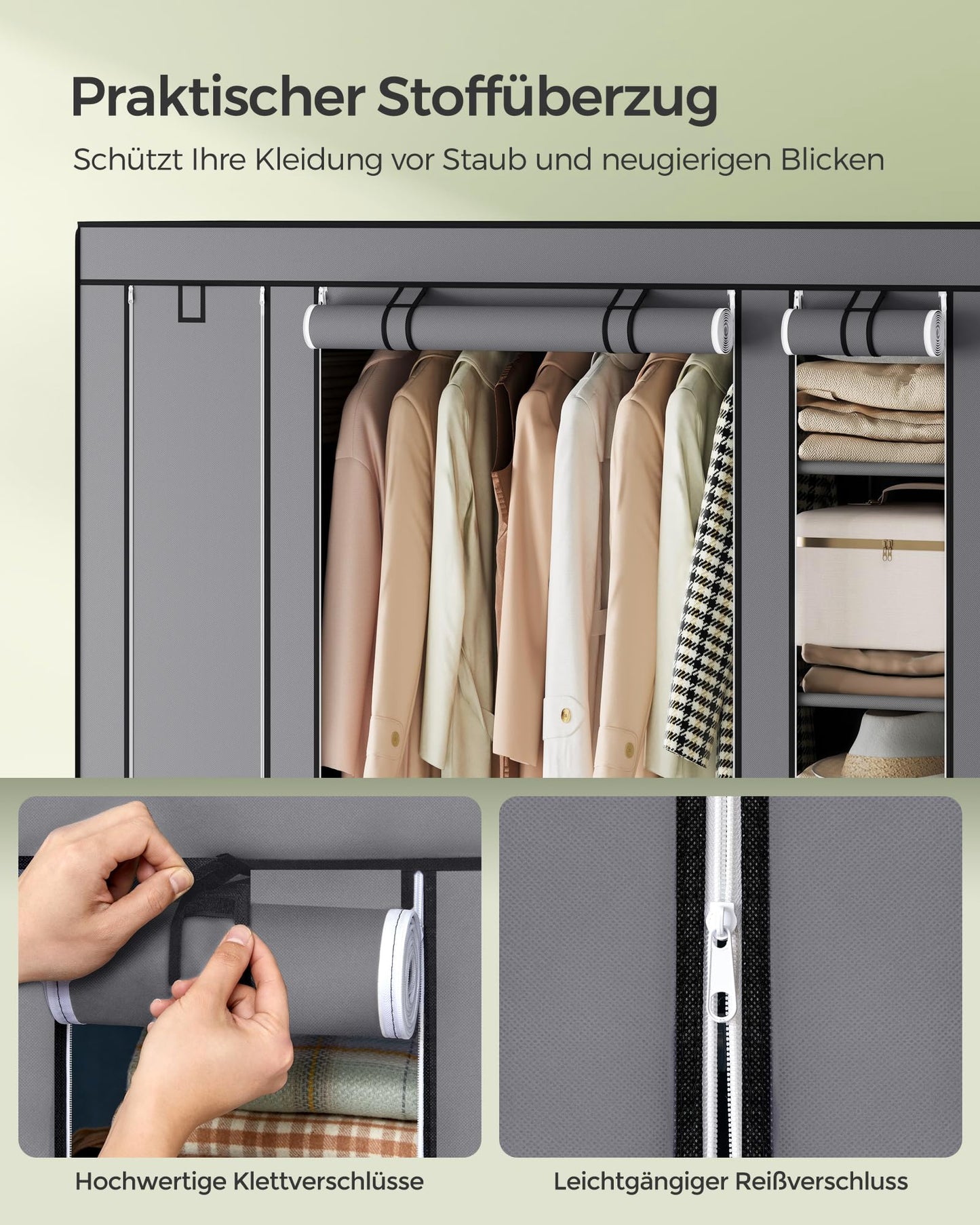 SONGMICS wardrobe, fabric closet with 12 shelves and clothes rail, sturdy cabinet for bedroom, dressing room, 150 x 45 x 175 cm, grey LSF03G