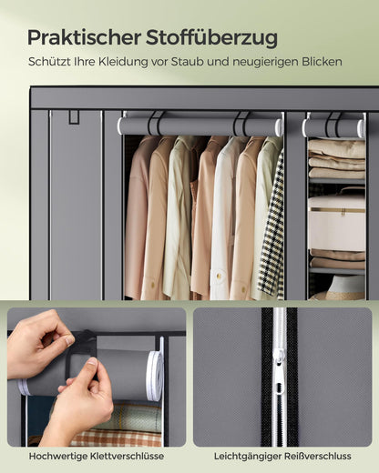 SONGMICS wardrobe, fabric closet with 12 shelves and clothes rail, sturdy cabinet for bedroom, dressing room, 150 x 45 x 175 cm, grey LSF03G