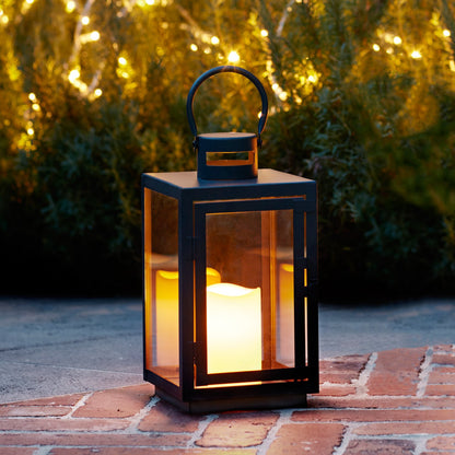 Lights4fun dark gray metal lantern with warm white LED candle battery timer galvanized 30cm lanterns for outdoor use large