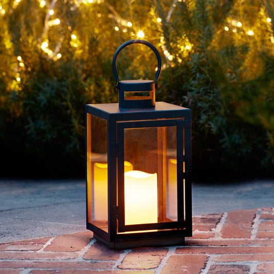 Lights4fun dark gray metal lantern with warm white LED candle battery timer galvanized 30cm lanterns for outdoor use large