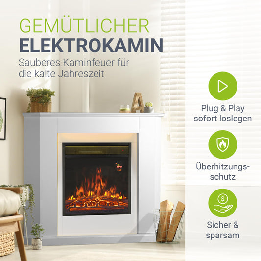 Juskys Electric Fireplace 1000 / 2000 W with heating, fireplace, flame effect, remote control, LED lighting & timer - Electric corner fireplace white