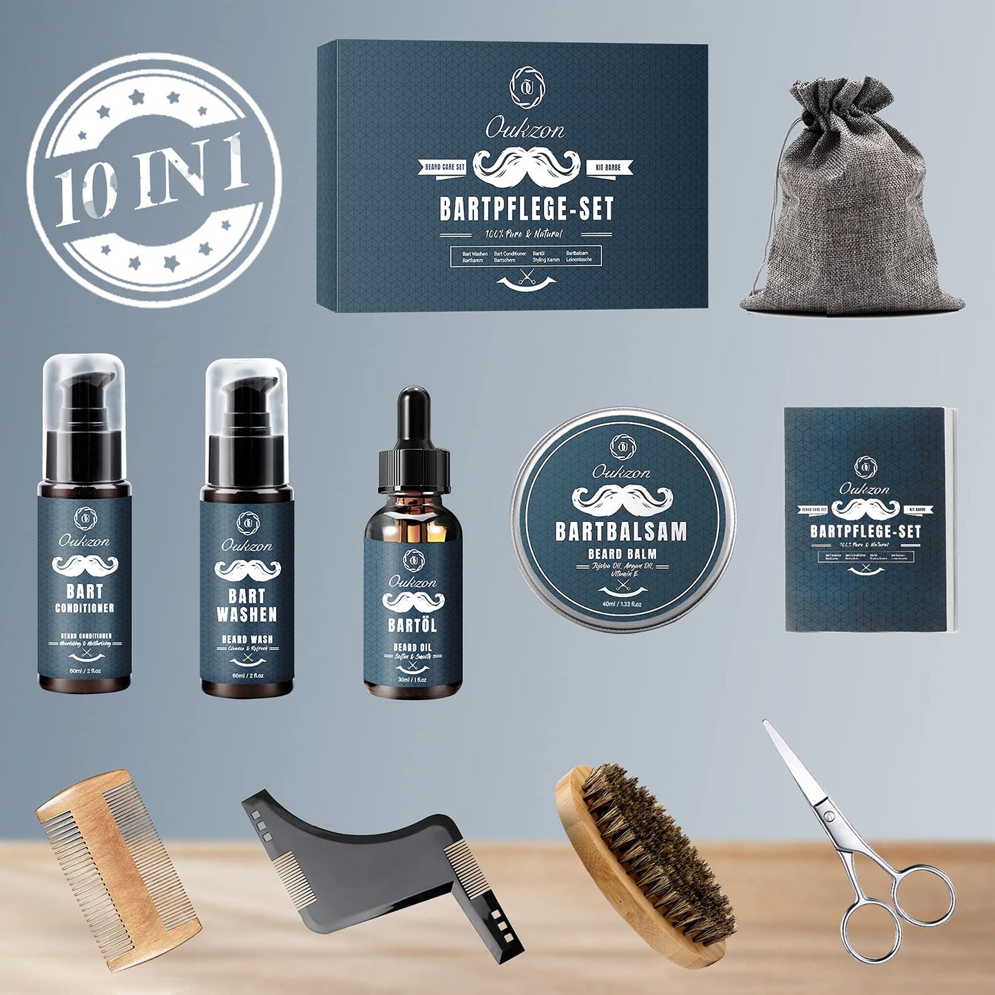 Beard grooming set for men, Oukzon 10 in 1 Premium Beard Gifts for Men - 60ML Beard Shampoo, 60ML Beard Conditioner, Beard Oil, Beard Balm, Beard Comb, Beard Brush, Beard Scissors, Beard Stencils, Travel Bag.