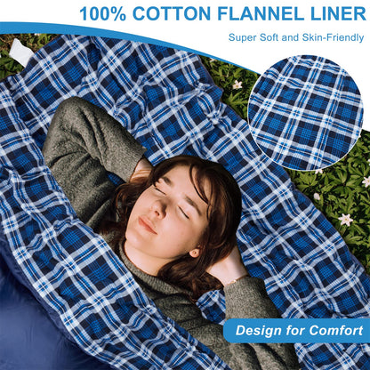 Cotton flannel double sleeping bag for camping, hiking, or trekking. Queen size 2 person waterproof sleeping bag for adults or teenagers. Lightweight sleeping bag for 2.